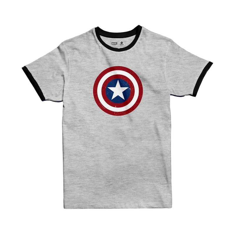 Jobedu Captain America Shield Ringer T-shirt - M - Light Grey Melange & Black - تي-شيرت